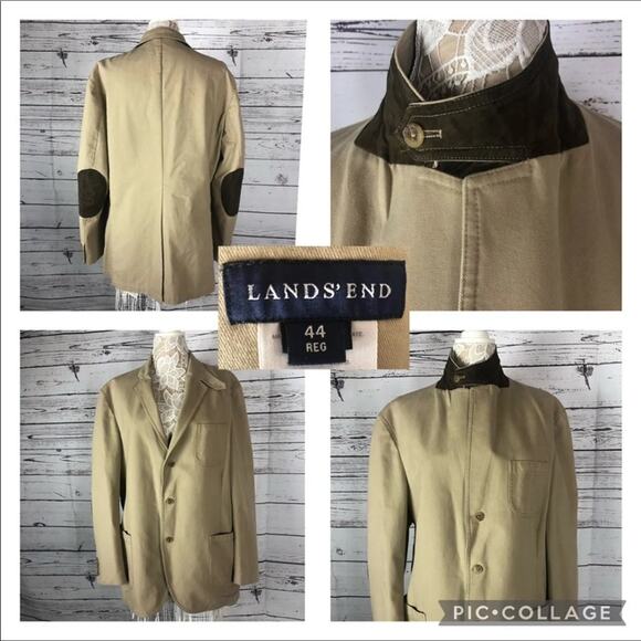 Barn coat stand collar patch elbow Khaki Lands' End 100% cotton 44 R - Picture 14 of 16